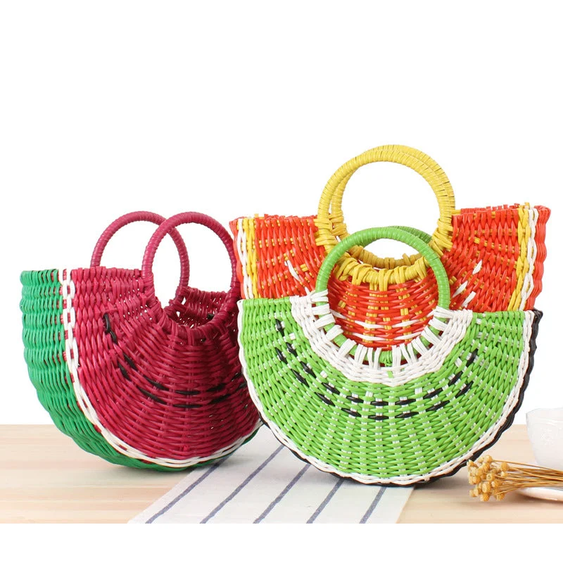 Colorful fruit handbag in cute semi-circular shape. Handmade PVC woven beach straw bag