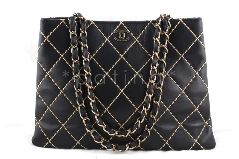 Chanel Black Classic Contrast Stitch Quilted Shopper Tote with CC and Woven Chain Bag