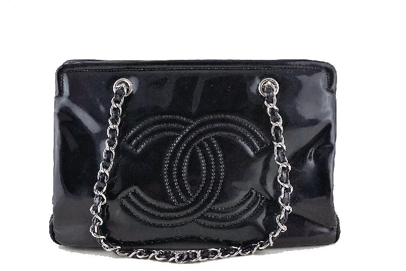 Chanel Black Patent Logo Grand Shopper Style Tote GST Bag