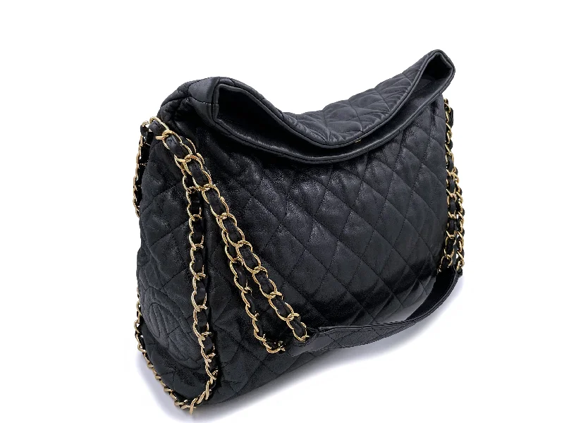 Chanel Black Quilted Chain Around Soft Hobo Tote Bag Large