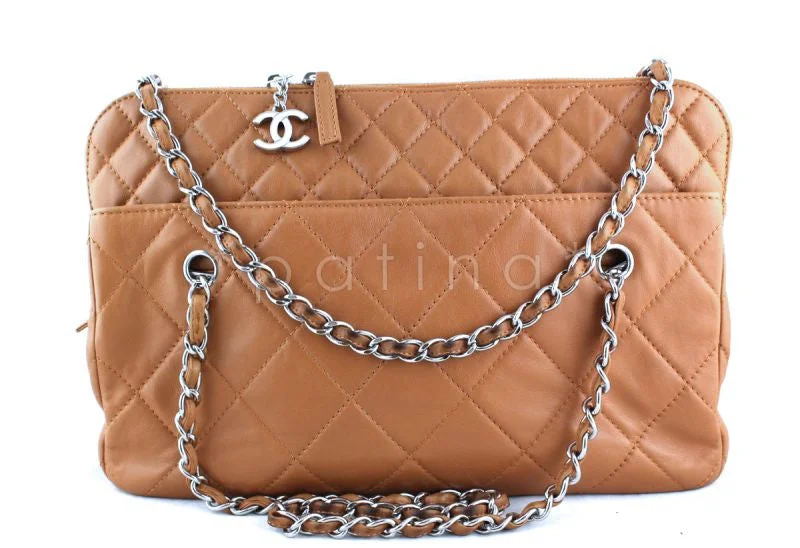 Chanel Camel Beige Classic Quilted Camera Business Tote CC Charm Bag