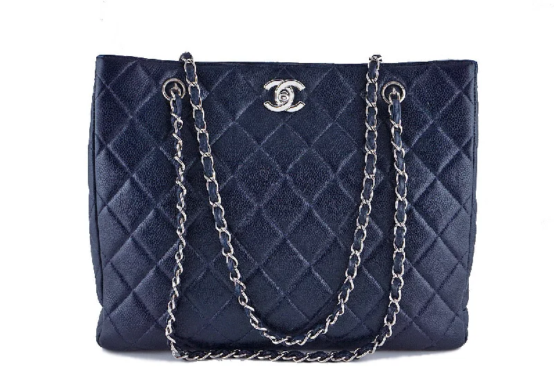 Chanel Caviar Navy Blue Classic Quilted Shopper Tote Bag