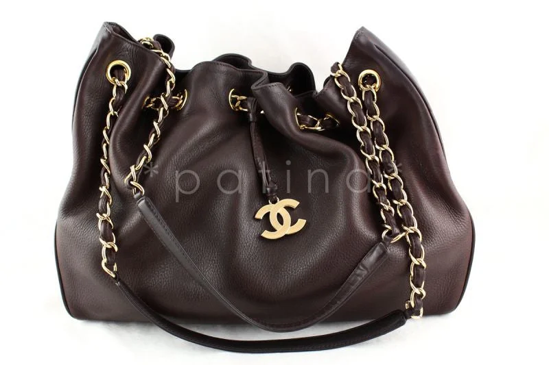 Chanel Chocolate Brown Soft Textured CC Logo Drawstring Tote Shopper Bag