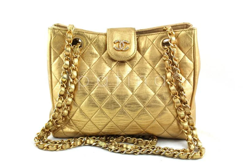 Chanel Gold Lambskin Quilted Mini Shoulder Tote with Crystal CCs  Bag