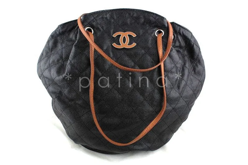 Chanel Gray-Black Giant Quilted Caviar Drawstring Hobo Tote Bag