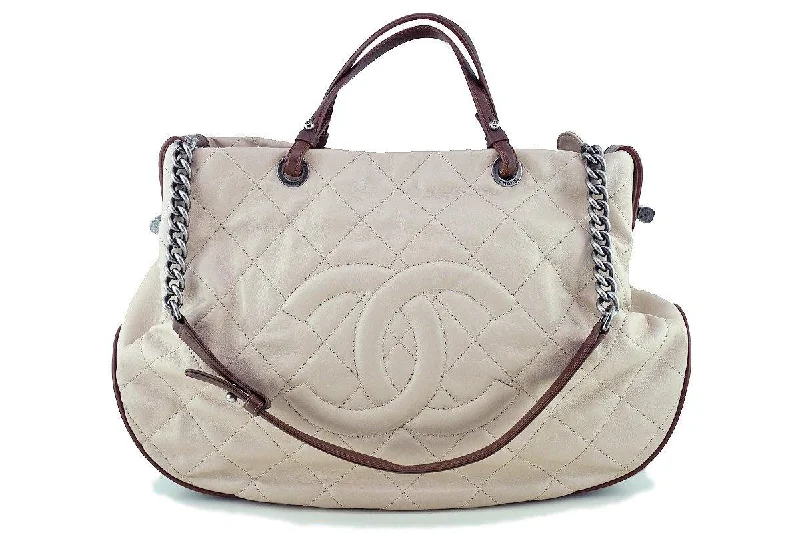 Chanel Light Taupe Beige Soft CC Quilted Convertible Tote Bag