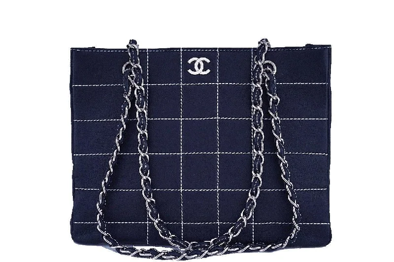 Chanel Navy Blue Contrast Stitch Quilted Shopper Tote Bag