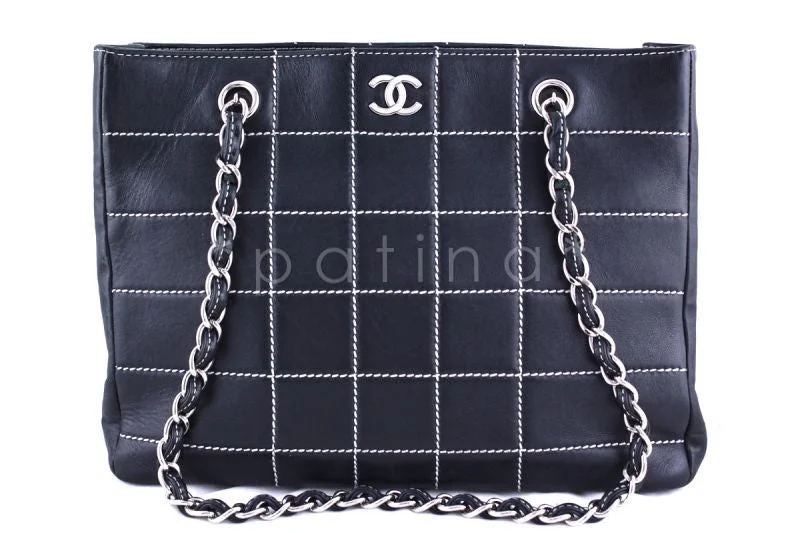 Chanel Navy Contrast Stitch Quilted Shopper Tote Bag