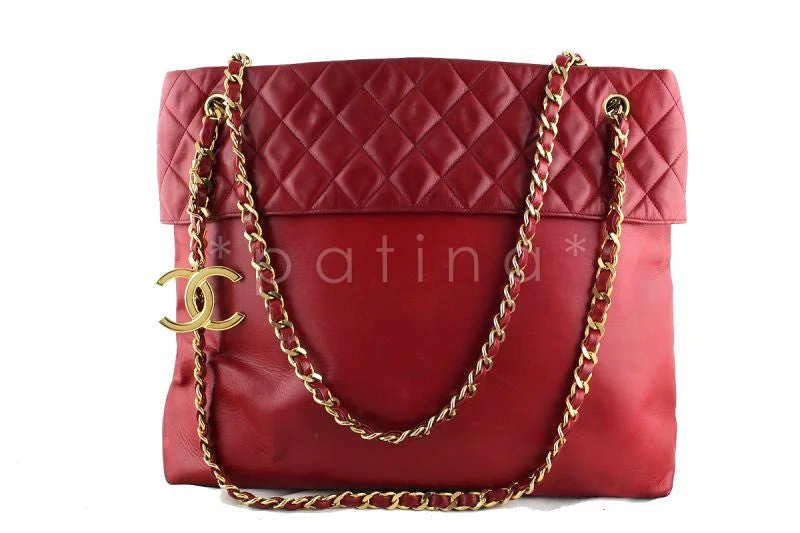 Chanel Red Classic Logo Charm Quilted Top Shopper Tote Bag