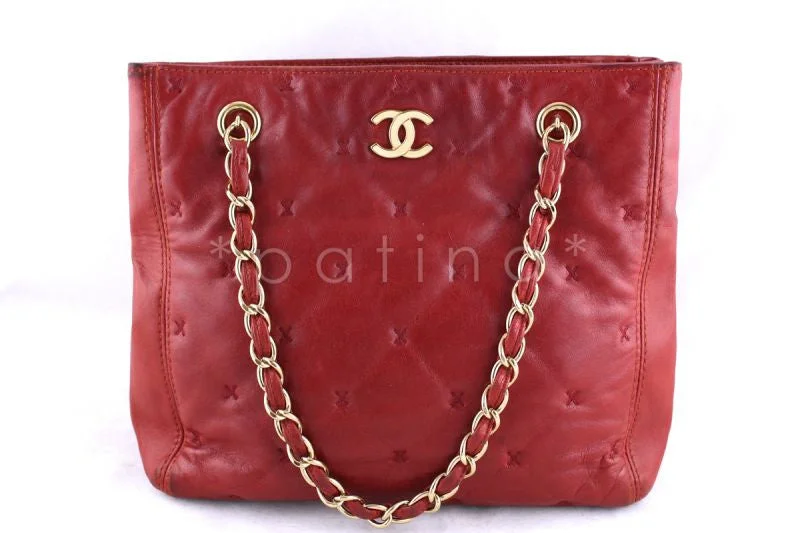 Chanel Red Lambskin Quilted Petite Sized Shopper Tote Bag