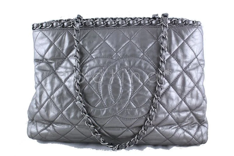 Chanel Silver/Pewter Quilted Timeless Chain Around Grand Shopping Tote GST Bag