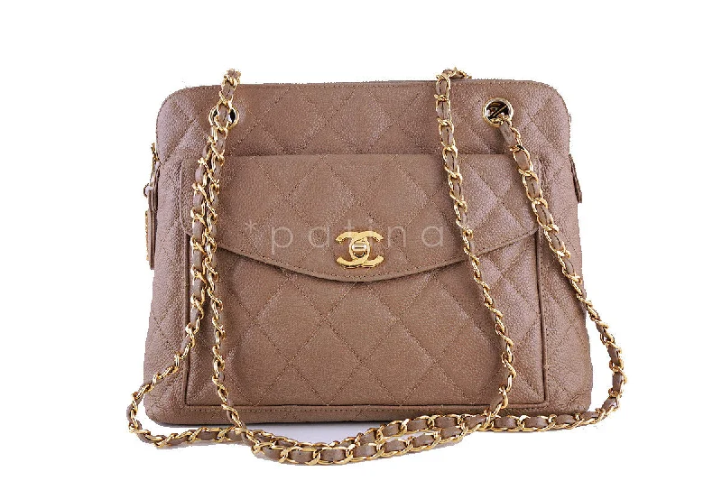 Chanel Tapue Beige Caviar Classic Chain Flap Shopper Tote Bag