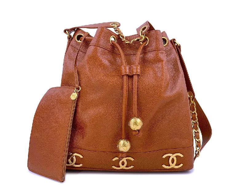 Chanel Vintage 1994 Camel Beige-Brown Caviar Bucket Bag Drawstring Tote 24k GHW