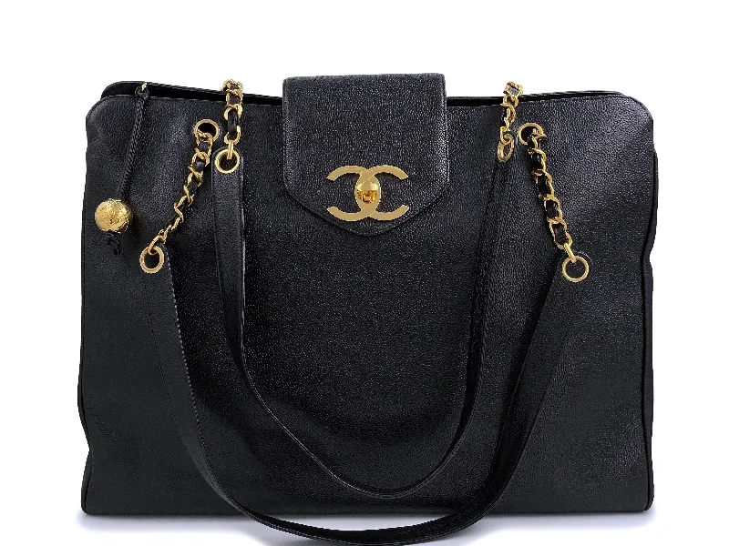 Chanel Vintage 1995 Caviar Weekender Supermodel XL Shopper Tote Bag 24k GHW Black