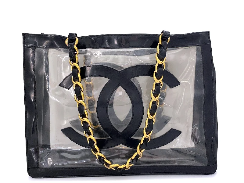 Chanel Vintage Clear Black Patent PVC Chunky Chain Tote Bag 24k GHW