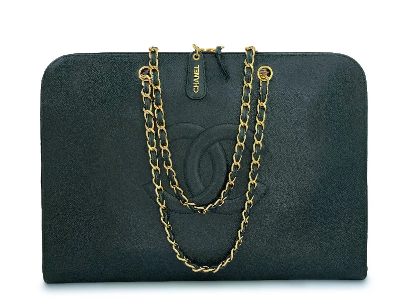 Chanel Vintage Dark Green Caviar Portfolio Laptop Work Tote Bag 24k GHW