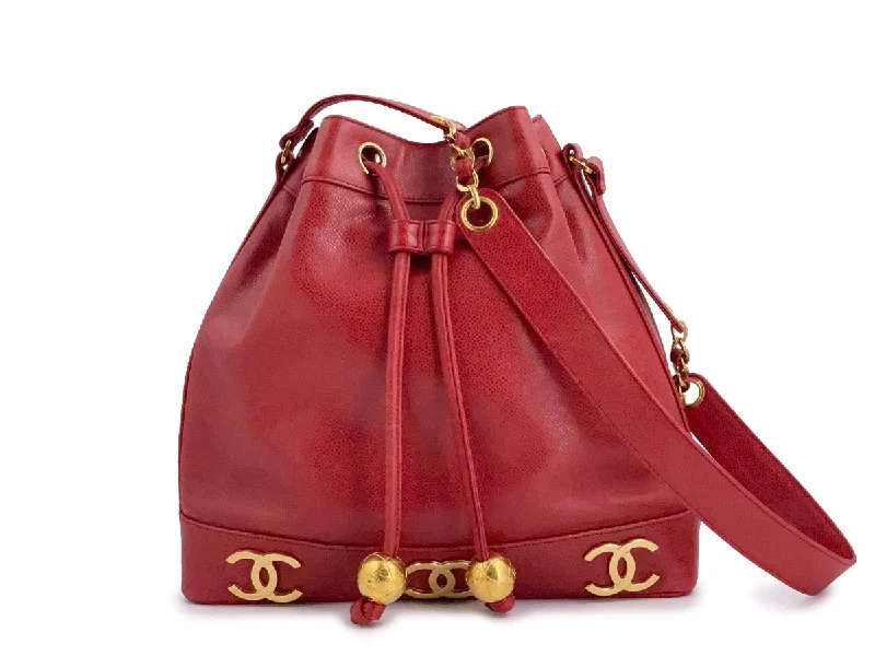 Chanel Vintage Red Caviar Drawstring Bucket Tote Bag 24k GHW