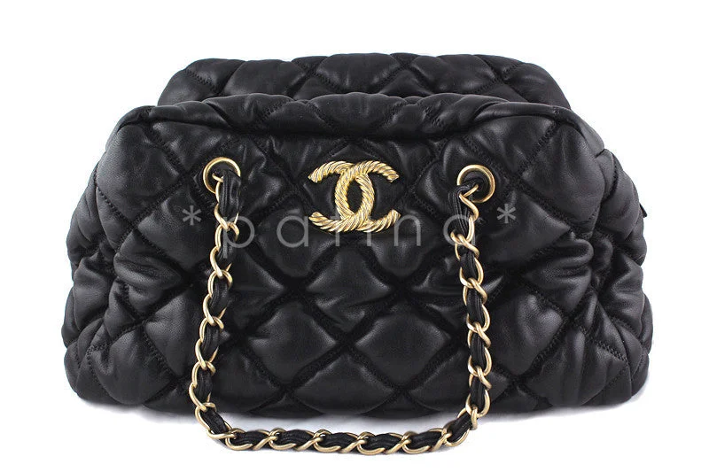 Chanel Black Bubble Quilted Luxe Classic Bowler Tote Bag