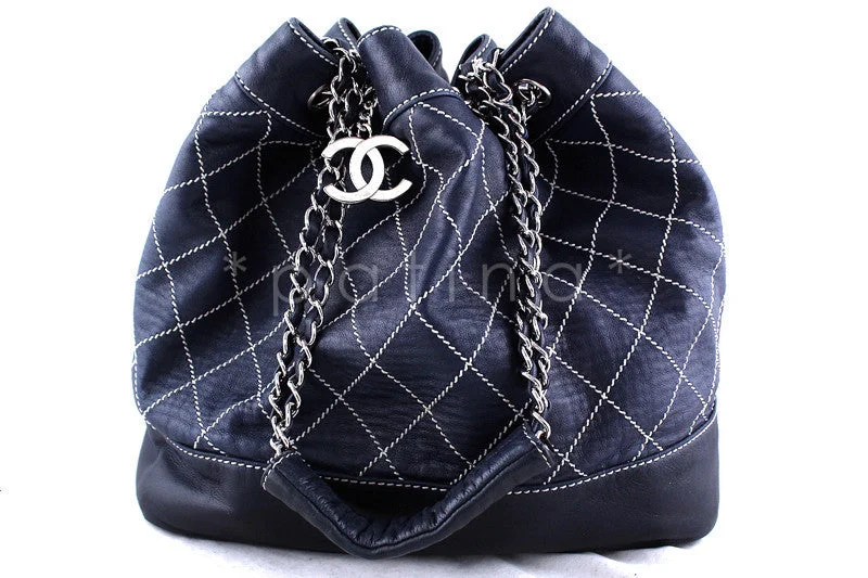 Chanel Navy Contrast Stitch Quilted Drawstring Tote Bag