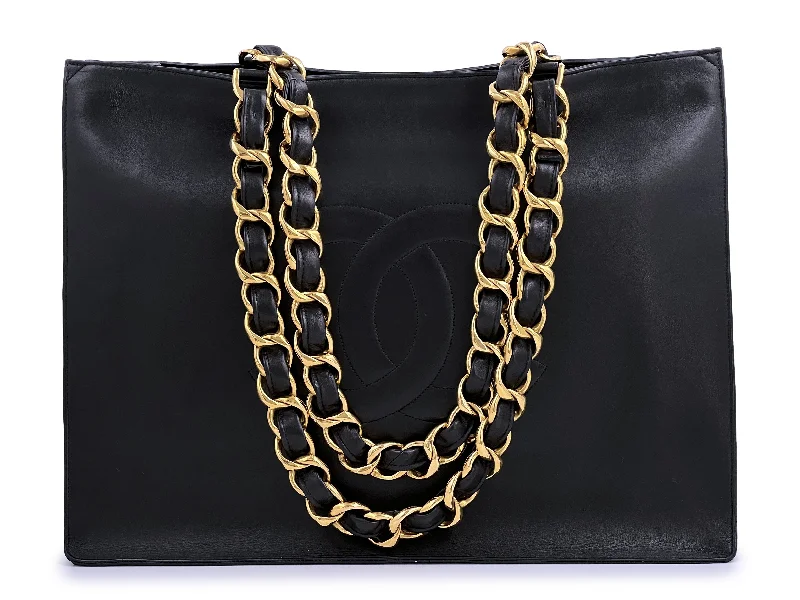 Pristine Chanel 1996 Vintage Black Shopper Tote Bag Chunky Chain 24k GHW Calfskin