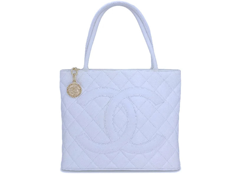 Pristine Chanel 2002 Vintage White Caviar Medallion Shopper Tote Bag 24k GHW