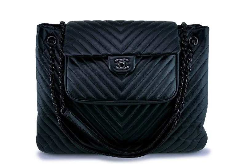 Rare 15S Chanel So Black Chevron Classic Large Shopper Flap Tote Bag