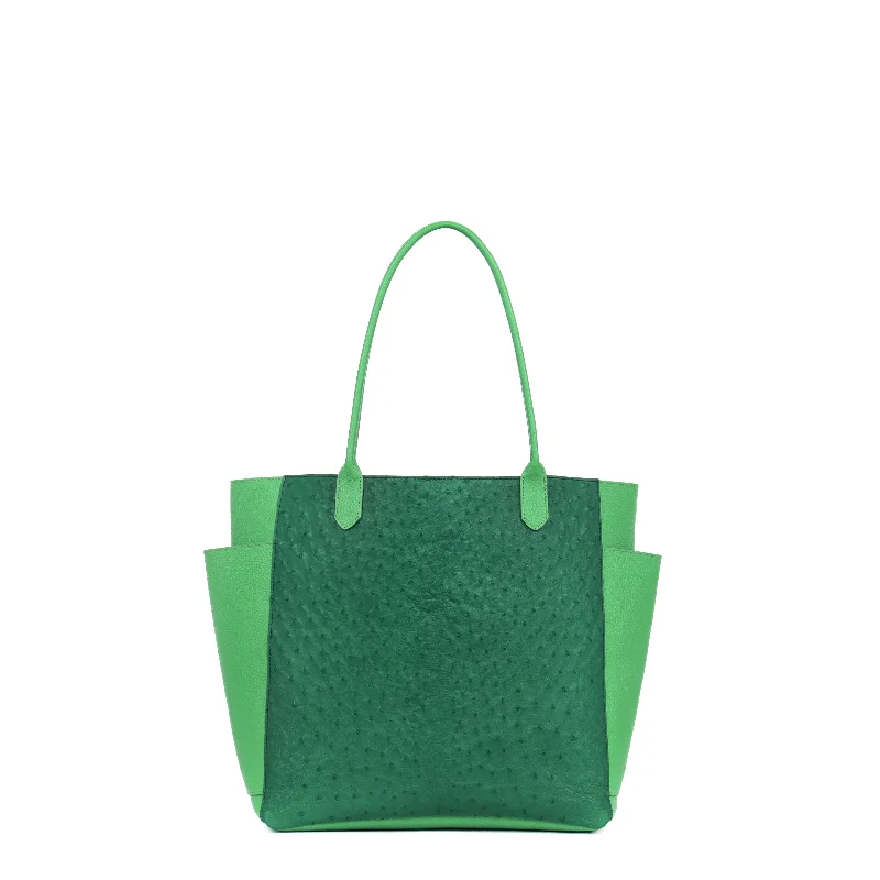 SLOUCHY POCKET TOTE GREEN GRASS ITALIAN PEBBLE WITH GRASS GENUINE OSTRICH PANEL