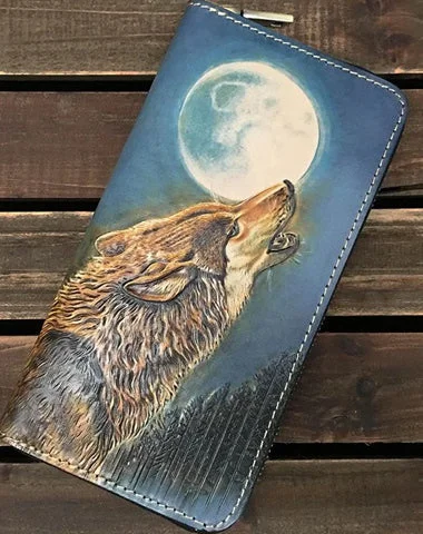 Blue Handmade Tooled Wolf Leather Long Wallet Zipper Wallet Clutch Wallet For Men