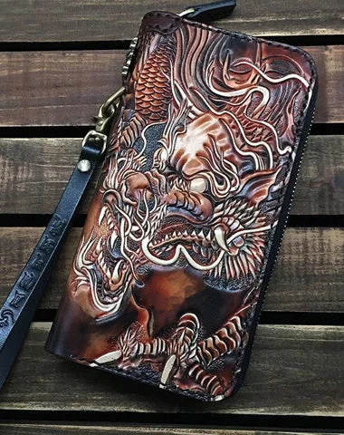 Black Handmade Chinese Dragon Tooled Leather Long Biker Wallet Chain Wallet Clutch Wallet For Men