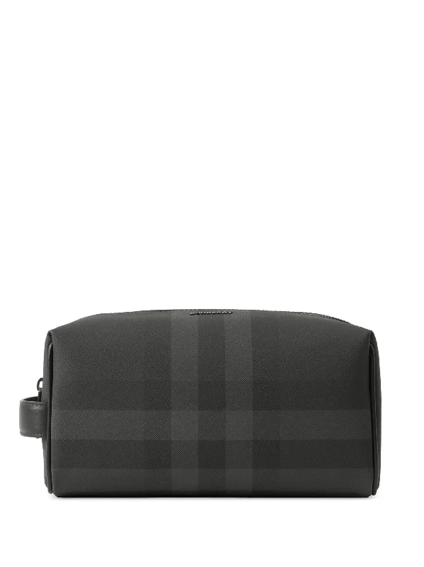 BURBERRY CHARCOAL HOUSE CHECK LEATHER TRAVEL POUCH