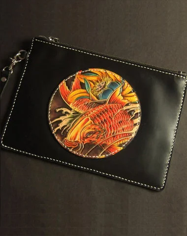 Cool Handmade Tooled Leather Carp Clutch Wallet Wristlet Bags Clutch Purse For Men