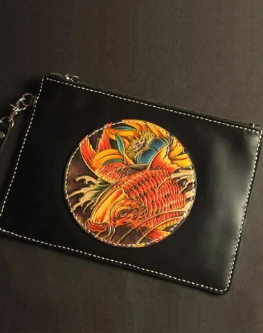 Cool Handmade Tooled Leather Floral Skull Clutch Wallet Wristlet Bag Clutch Purse For Men