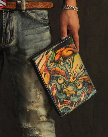 Cool Handmade Tooled Leather Tan Chinese Lion Clutch Wallet Wristlet Bag Clutch Purse For Men