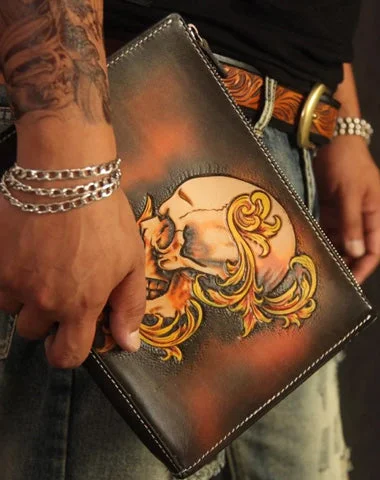 Cool Handmade Tooled Leather Tan Floral Skull Clutch Wallet Wristlet Bag Clutch Purse For Men