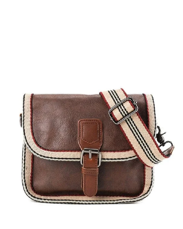 Distressed Leather Buckle Trim Crossbody Bag - Dark Brown