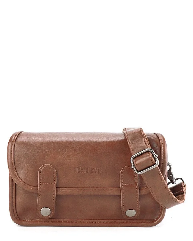 Distressed Leather Button Flap Crossbody Bag - Camel