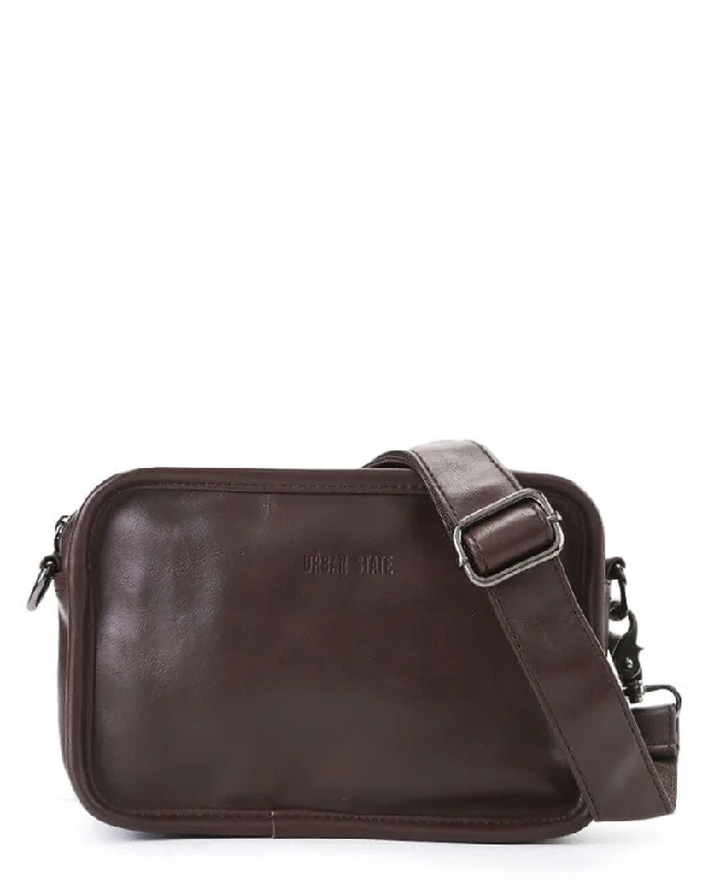 Distressed Leather Commuter Crossbody Bag - Dark Brown