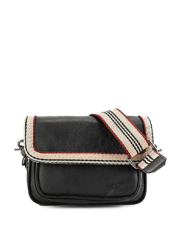 Distressed Leather Flap Trim Crossbody Bag - Black