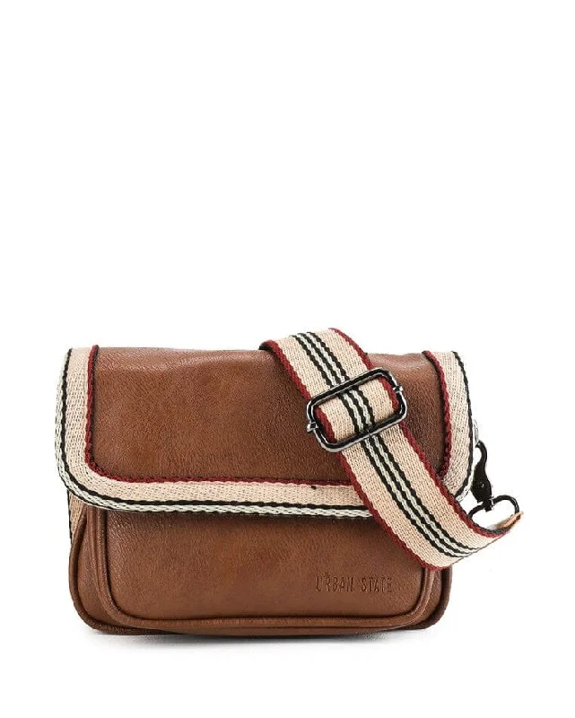 Distressed Leather Flap Trim Crossbody Bag - Camel