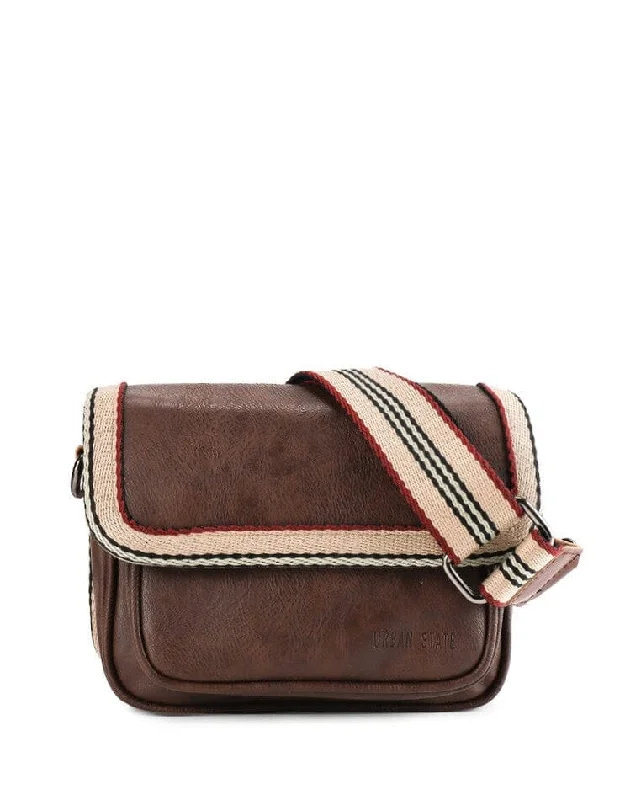 Distressed Leather Flap Trim Crossbody Bag - Dark Brown