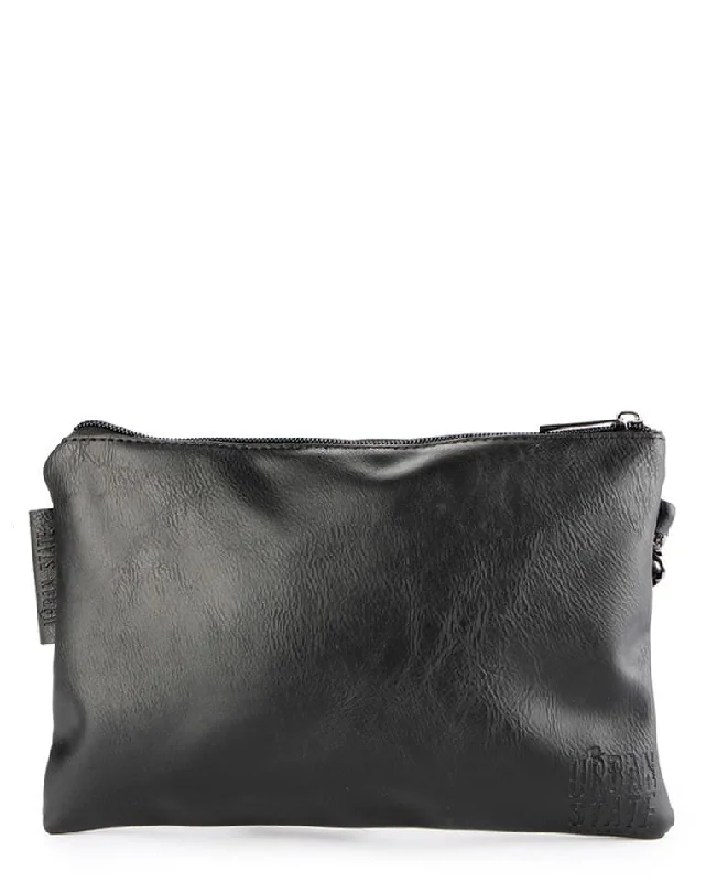 Distressed Leather Pouch Clutch - Black