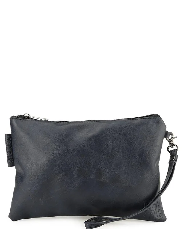 Distressed Leather Pouch Clutch - Navy