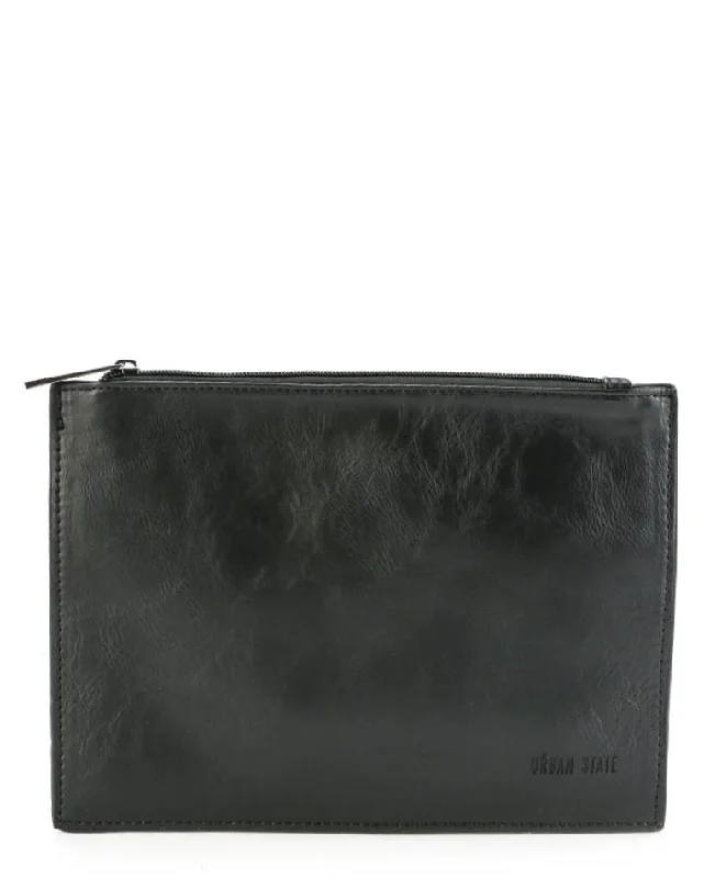 Distressed Leather Slim Pouch Clutch - Black