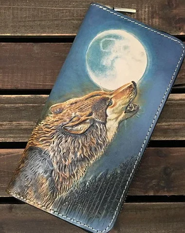 Handmade Black Wolf Tooled Leather Long Wallet Mahākāla Clutch Zipper Wallet For Men