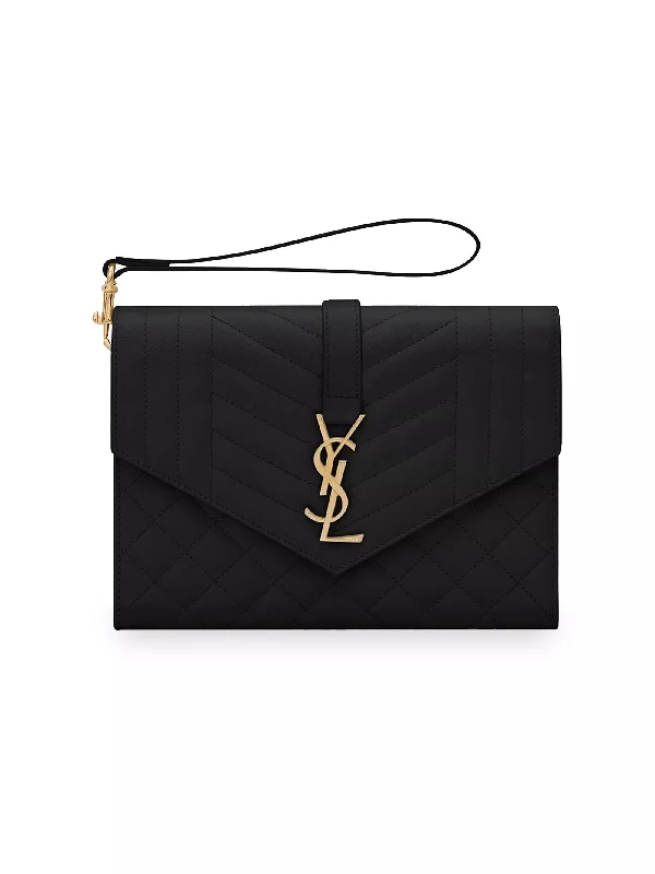 YSL ENVELOPE FLAP MIX MATELASSÉ GRAIN DE POUDRE EMBOSSED LEATHER CLUTCH BAG