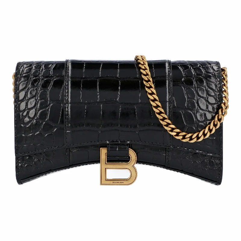 Balenciaga Hourglass Wallet on Chain Crocodile Embossed in Black & Gold Hardware