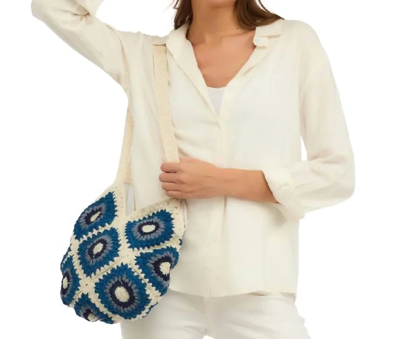 Cotton Crochet Shoulder Bag In Blue And White