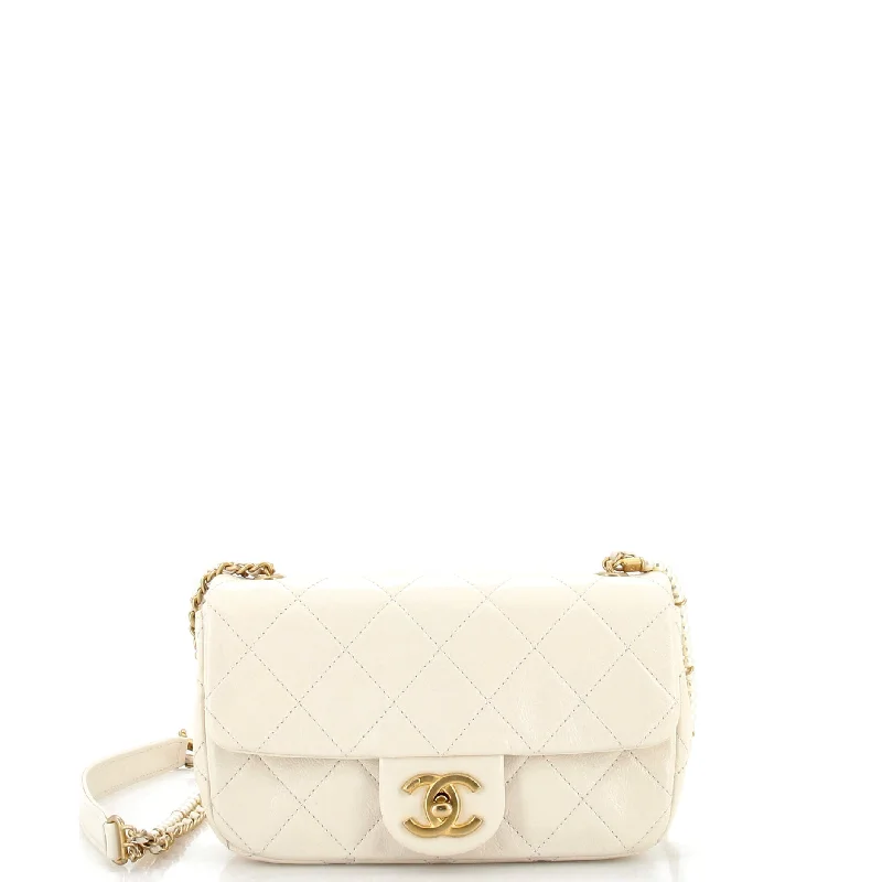 Crystal Pearls Chain Flap Bag Quilted Calfskin Small