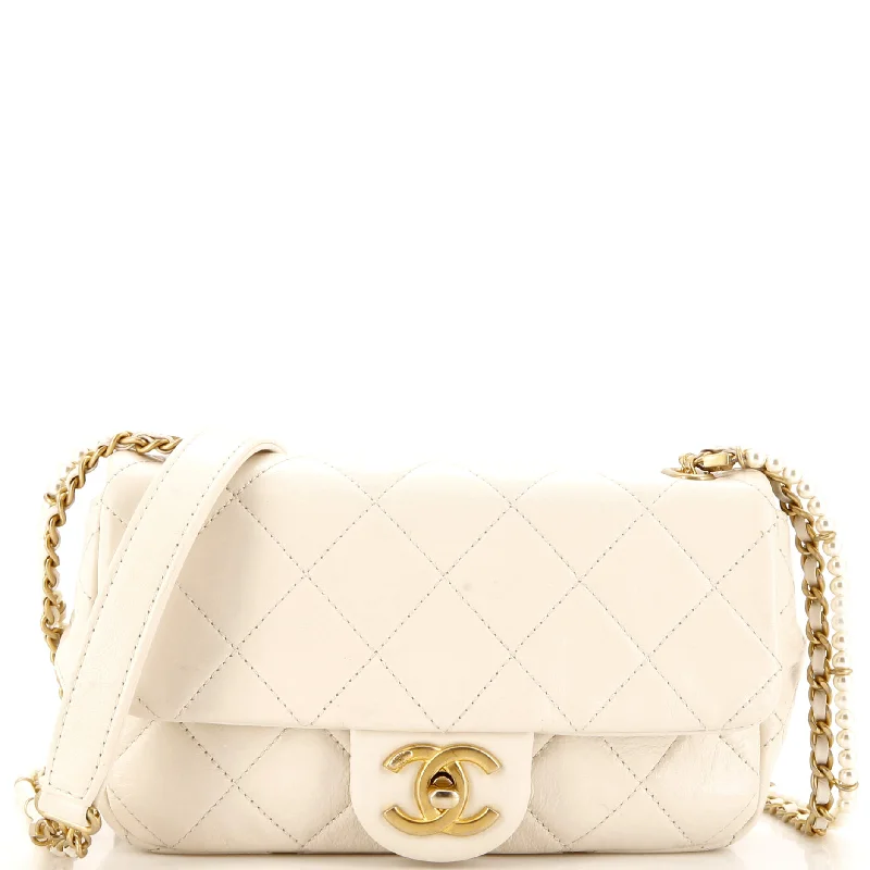 Crystal Pearls Chain Flap Bag Quilted Calfskin Small