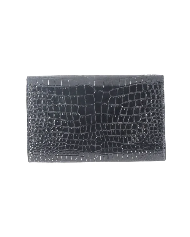 Saint Laurent Uptown Crocodile Effect Shoulder Bag in Black Leather